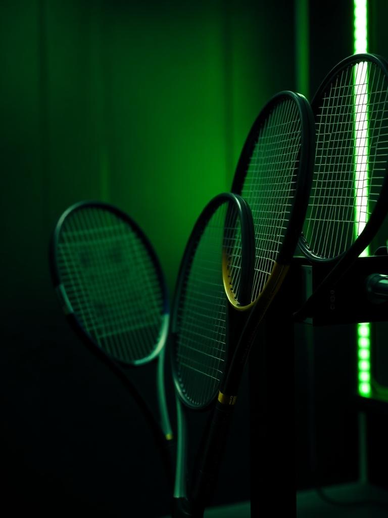 Tennis rackets next to a stringing machine